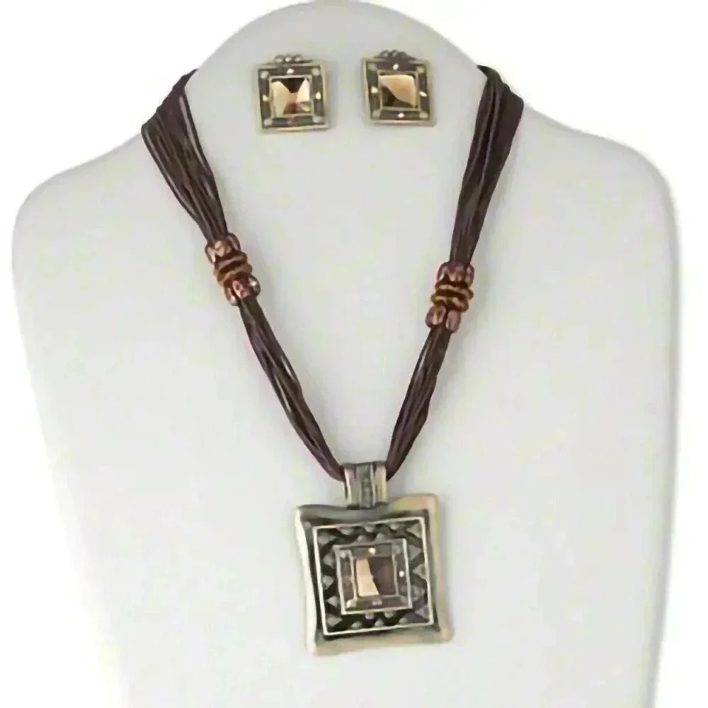 Art Deco Square Necklace Earrings Set Antiqued Brass Topaz Copper